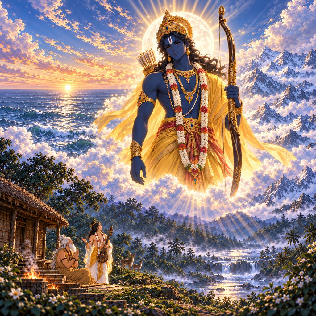 Rama, glowing blue-black with bow and garland, rises over the ocean and the Himalaya while Narada and Valmiki talk below at the hermitage.
