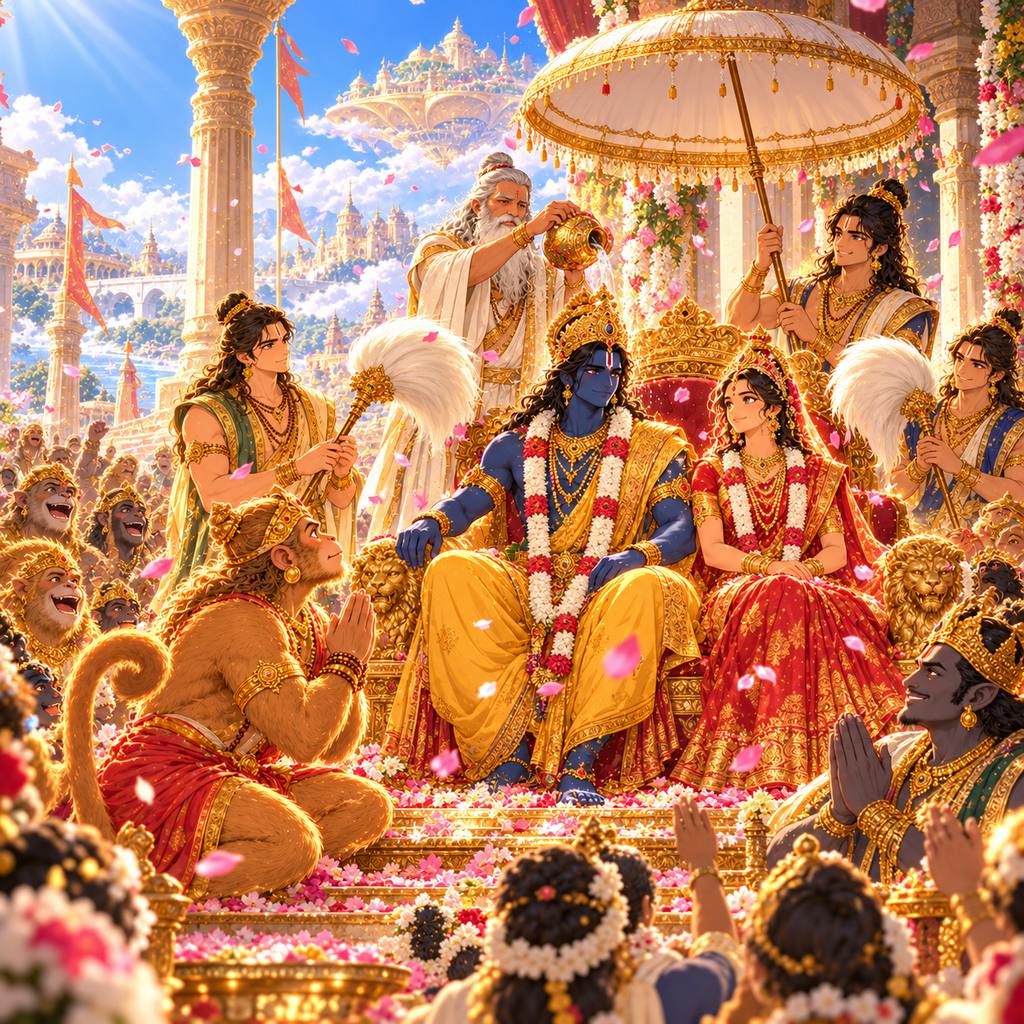 Rama and Sita crowned on the throne in Ayodhya under a white umbrella, Hanuman kneeling, petals falling.